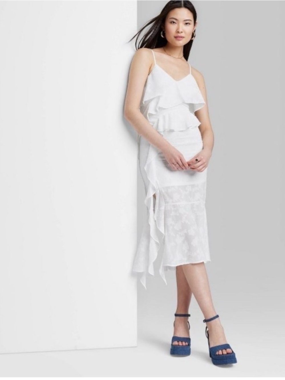 Wild Fable Ruffle Midi Dress Women's Medium White Excellent Floral Burnout